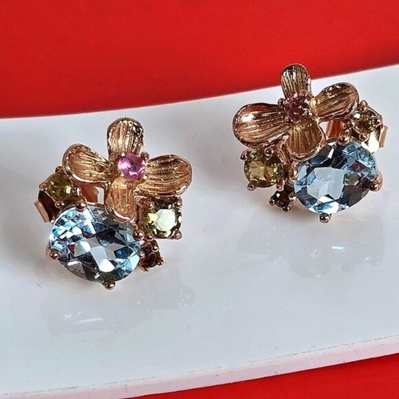 925 Sterling Silver Flower Earrings with Natural Topaz & Tourmaline Gems - Picture 6 of 6